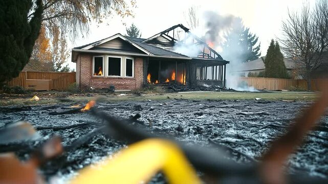 A smoldering house with only skeletal roof beams remaining, ashes covering the yard, emphasizing the cost of rebuilding after fire damage.