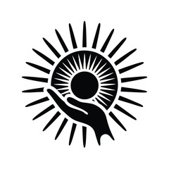 Symbolic black hand holding a radiant sun design element representing protection and care vector illustration