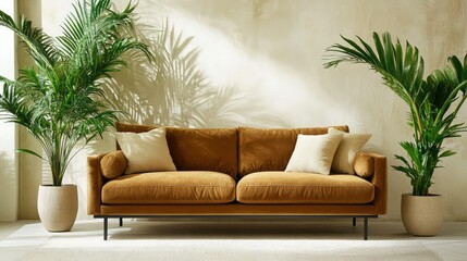 Brown upholstered sofa, leafy plants and neutral blank frame creating balanced light interior
