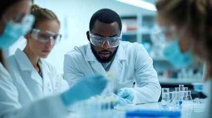 Researchers in Lab Coats Conducting Scientific Experiment in Laboratory with Test Tubes and Petri Dish