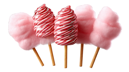 Sweet Delight: Capture the whimsical charm of two elegantly swirled ice cream confections and fluffy cotton candy, presented on a simple background. Evoking a sense of childish fun, enjoyment.
