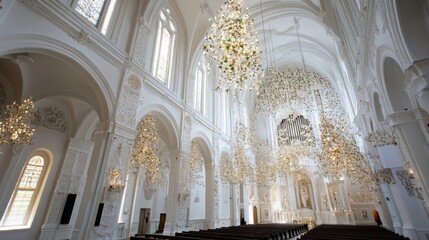 Obraz premium Ornate white church interior with numerous elaborate floral chandeliers hanging from the high arched ceiling, illuminating rows of pews. : Generative AI