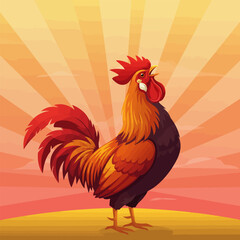 Rooster Crowing at Dawn with Sun Rays and Warm Colors