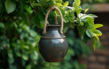 Rustic, dark-gray ceramic pot hanging from tree branch.
