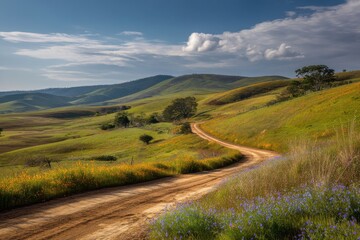 A peaceful countryside scene with a winding dirt road and wildflowers