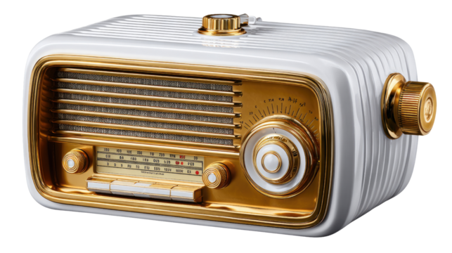 Vintage Radio: A close-up shot of a vintage radio with a classic design, showcasing its intricate details and golden accents. The radio evokes nostalgia, reminiscent of a bygone era. 