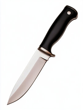 A bayonet knife with black handle and serrated edge, isolated on white