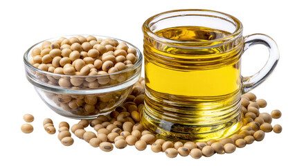 Soybean oil and Soybeans: a clear cup of soybean oil, complemented by a bowl of soybeans, creating a visually captivating still life that highlights the wholesome essence of these ingredients