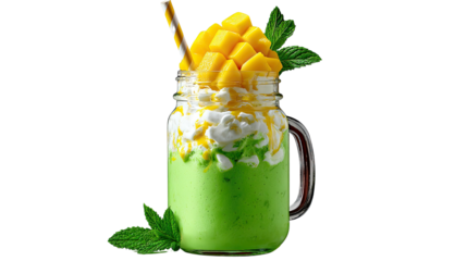 Tropical Mango Delight: A refreshing smoothie creation featuring a vibrant green base, crowned with luscious mango cubes, a swirl of whipped cream, and a delicate sprig of mint. A visual treat.