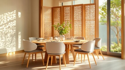 Modern table with chairs in front of handcrafted wooden screen in serene dining area
