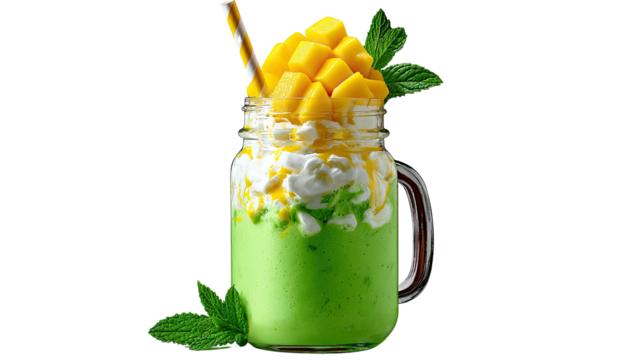 Tropical Mango Delight: A refreshing smoothie creation featuring a vibrant green base, crowned with luscious mango cubes, a swirl of whipped cream, and a delicate sprig of mint. A visual treat.