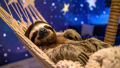 Obraz premium Resting sloth in a hammock under a starry sky peaceful animal relaxation