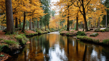 Peaceful river flows through autumn woods. Bright, yellow foliage reflects in water