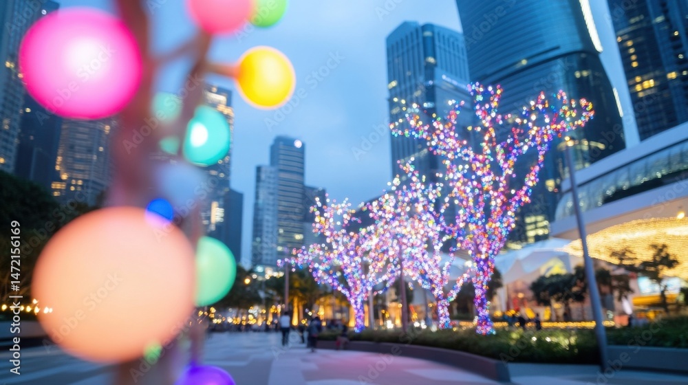 Aufkleber cityscape at twilight with bokeh lights illuminating festive trees, creating a magical holiday atmos