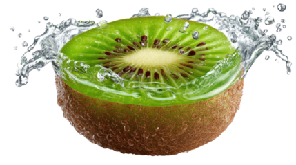 Kiwi Splash: A vibrant cross-section of a kiwi fruit bursts with a refreshing splash of water, a visual ode to the pure, unadulterated taste of nature's gift. 