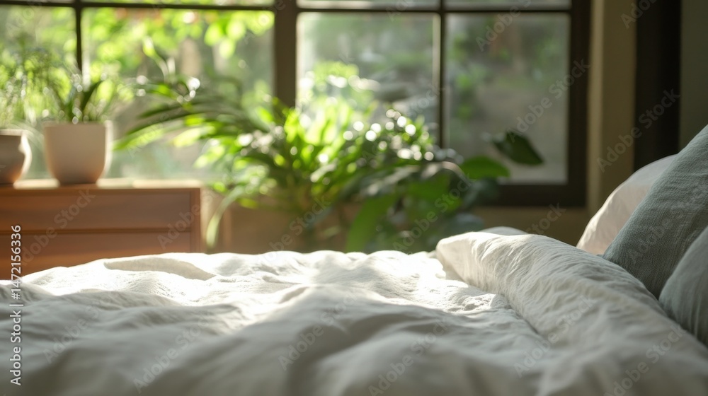 Fototapete Sunlight streams through a window illuminating a neatly made bed with white linen sheets and pillows, showcasing a tranquil bedroom scene. : Generative AI