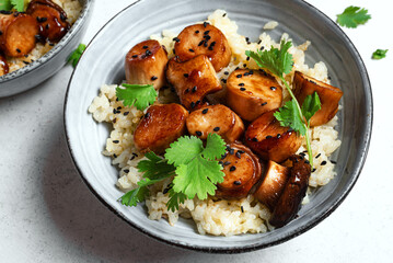 Fried teriyaki eryngii mushrooms with rice
