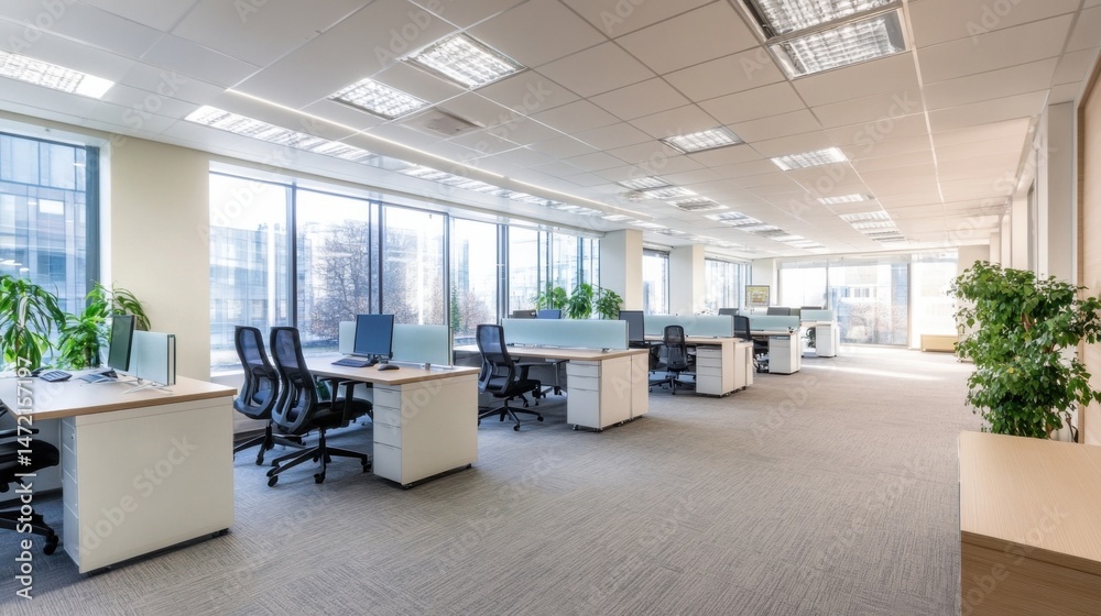 Poster modern, bright office workspace with multiple desks, computers, and plants near large windows offeri