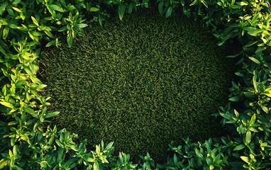 Green grass framed by plants, top view
