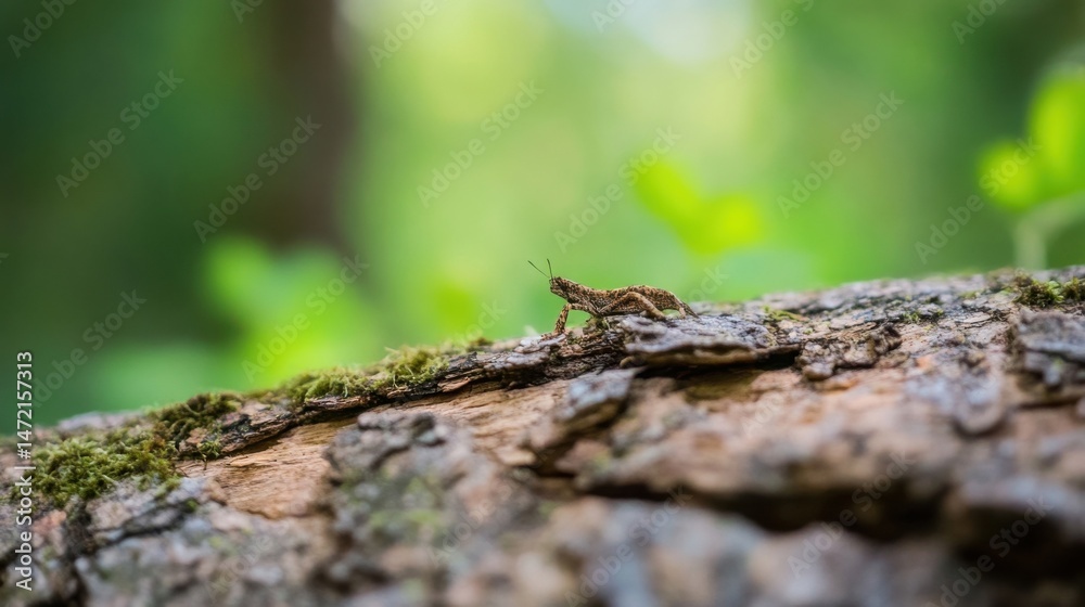 Poster a tiny speckled grasshopper cautiously walks along a mossy tree trunk in a vibrant green forest, its