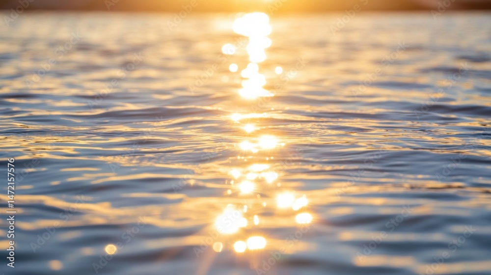Poster golden sunset light reflecting on calm water surface, creating shimmering, sparkling bokeh effect. p