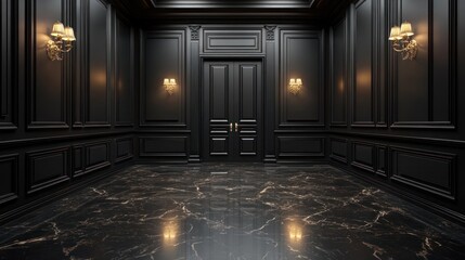 Black paneled room, marble floor, door, lit sconces