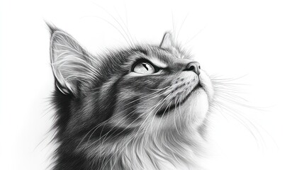 Cat gazing upwards on white background, detailed drawing