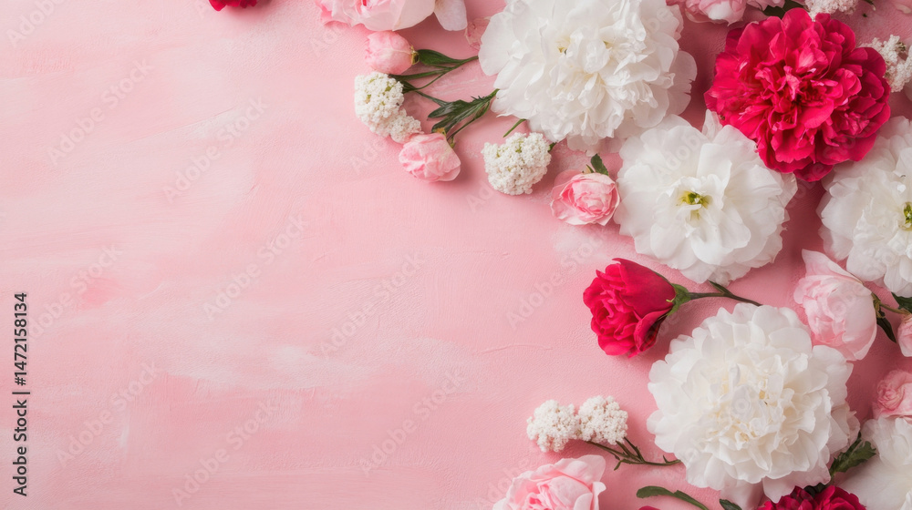 Poster pink and white peonies and roses arranged on a pink textured background, creating a delicate and rom