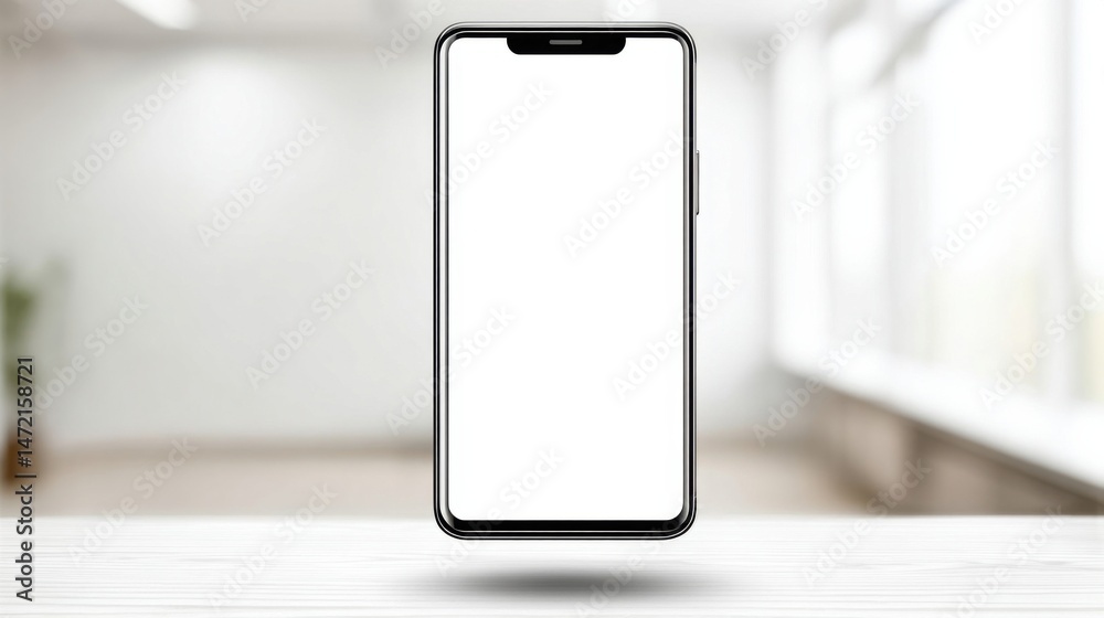 Aufkleber Modern smartphone with blank screen hovering above a white wooden table in a bright, minimalist office setting. : Generative AI