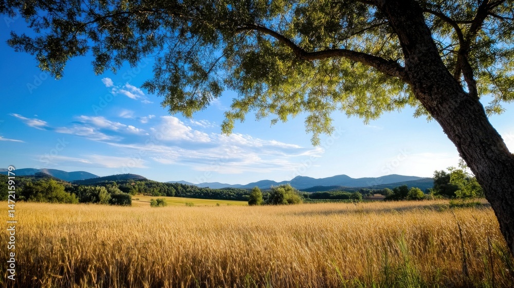 Poster golden wheat field under a summer sky, framed by a large tree, with rolling hills in the distance. a