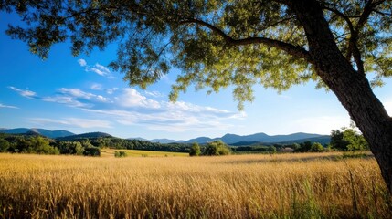 Obraz premium Golden wheat field under a summer sky, framed by a large tree, with rolling hills in the distance. A peaceful rural landscape bathed in sunlight. : Generative AI