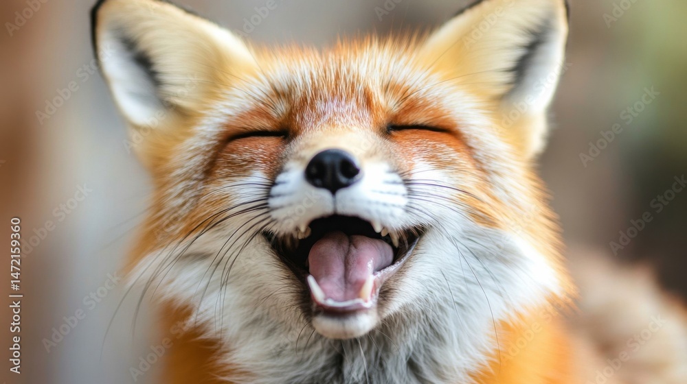 Poster close-up portrait of a red fox with its mouth open in a joyful expression, showing its teeth and pin