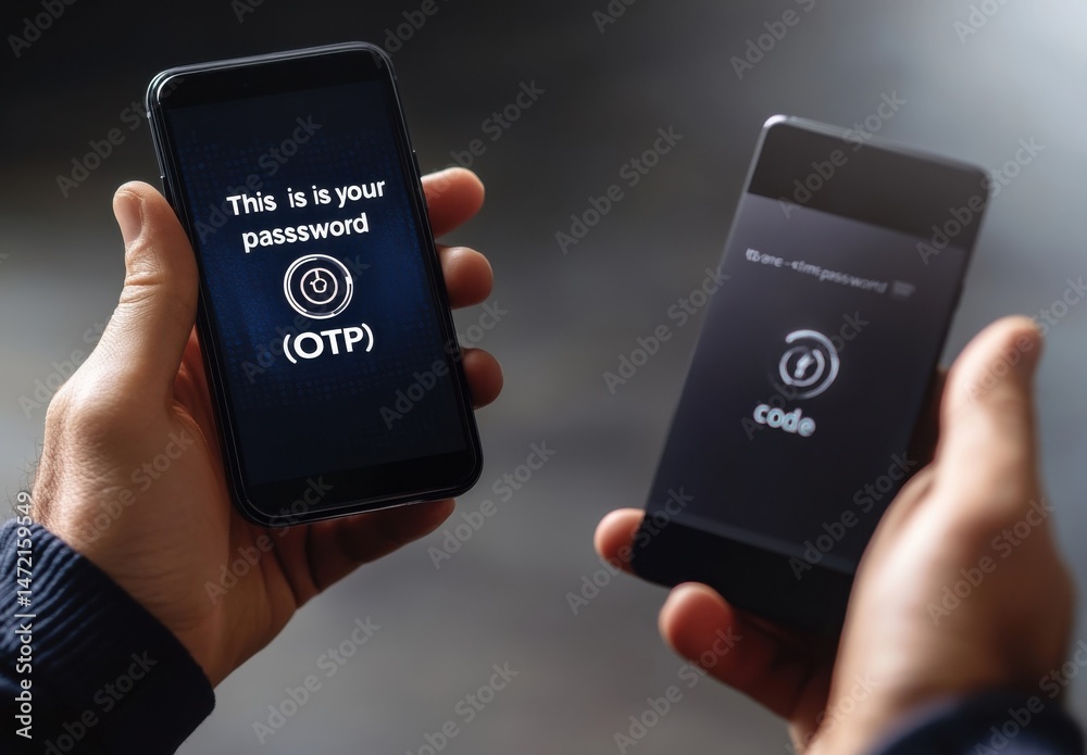 Aufkleber Two hands hold smartphones displaying OTP passwords, one showing 'This is your password (OTP)' and the other a verification code, illustrating secure mobile authentication. : Generative AI