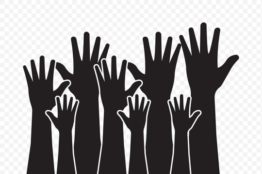series of silhouetted hands raised high in unison icon vector illustration on Transparent Background. EPS 10.