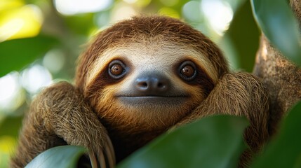 Baby sloth clinging to rainforest tree branch, peering through leaves