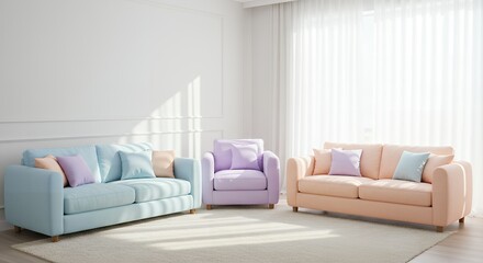 Pastel-Colored Sofas and Armchair in a Bright Living Room