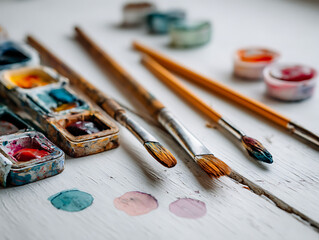 Art supplies with watercolor paints and brushes.