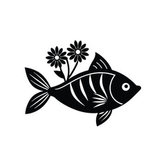 Artistic black silhouette of a fish adorned with floral accents on a clean white background
