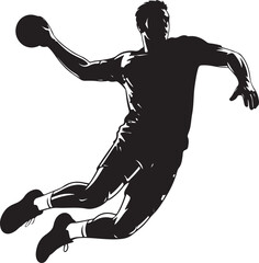 Handball Player Silhouette Jumping in Action, Vector Illustration of Male Athlete in Midair Throwing Ball - Handball Athlete, Sports Action, Jumping Silhouette, Handball Throwing