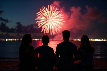 Silhouettes of four people watching vibrant fireworks over water at night. Celebration, festive events, summer nights, and outdoor entertainment theme
