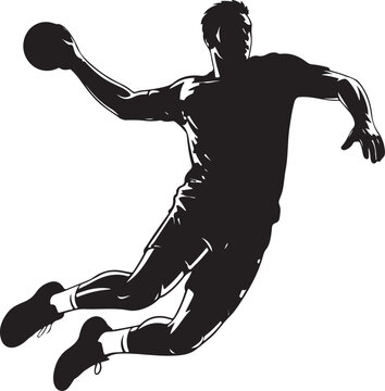 Handball Player Silhouette Jumping in Action, Vector Illustration of Male Athlete in Midair Throwing Ball - Handball Athlete, Sports Action, Jumping Silhouette, Handball Throwing