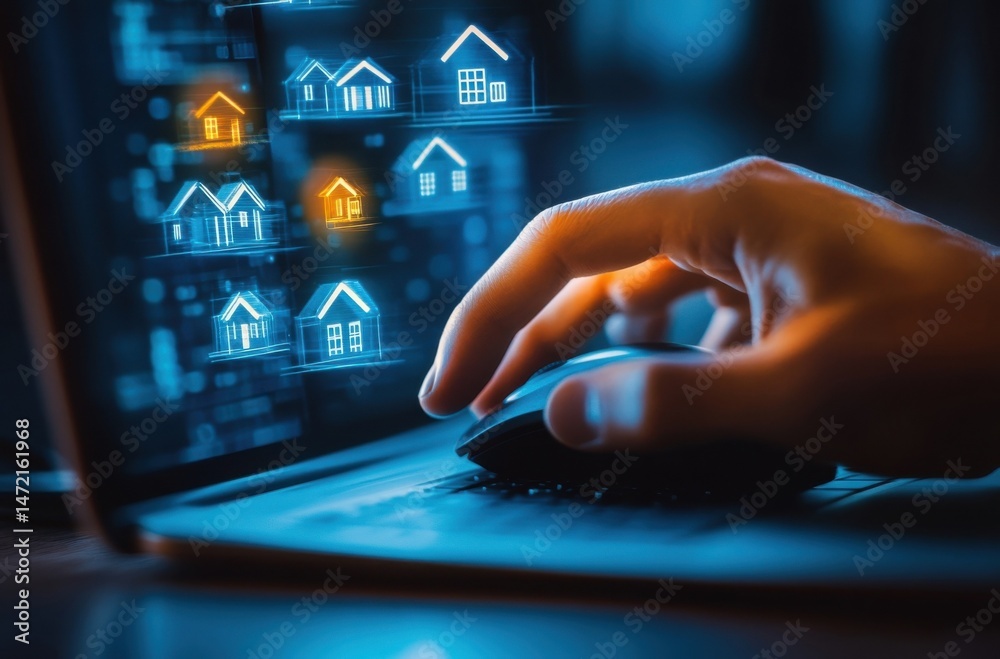 Poster person using laptop computer to search for houses online, digital interface shows multiple house ico