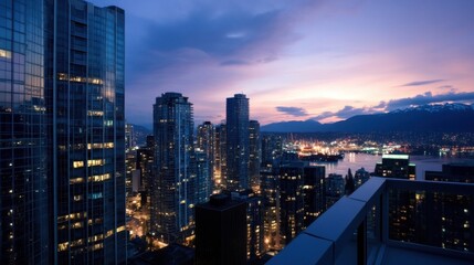Fototapeta premium Night cityscape view of illuminated skyscrapers and mountains at sunset, showcasing urban architecture and a vibrant city skyline. : Generative AI