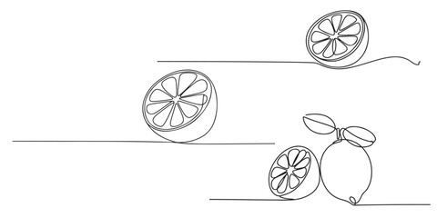 Continuous Line Drawing of Lemons and Lemon Slices silhouettes, tropical fruits, Vector illustration of lemon