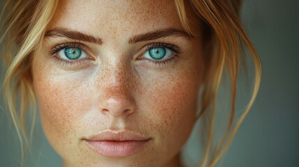 Close-up portrait of woman with freckles and blue eyes, studio shot