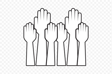 Raised hands voting icon vector sign on Transparent Background. EPS 10. Voting hands line icon set. Hand reaching silhouette, human raised hands. People vote by hand sign.