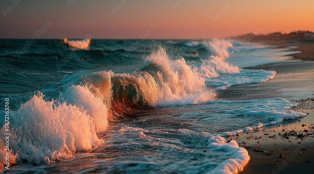 Poster ocean wave crashing on sandy beach at sunset, illuminated by warm golden light, creating a serene an