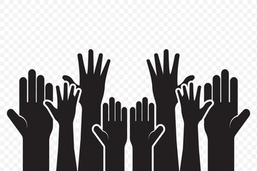 series of silhouetted hands raised high in unison icon vector illustration on Transparent Background. EPS 10.