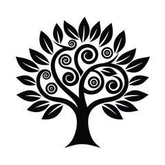 Elegant black and white tree silhouette vector illustration with ornamental swirling branches and detailed leaves.