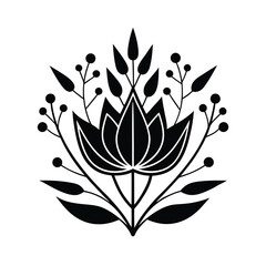A minimalist black and white illustration of a stylized flower with symmetrical leaves and berries. Simple, elegant, and modern botanical design. Perfect for logos, prints, or patterns.
